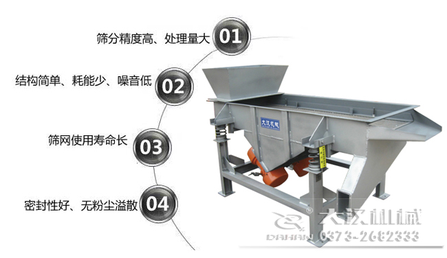 1016型直線振動(dòng)篩特點(diǎn)：1，篩分精度高，處理量大。2，結(jié)構(gòu)簡單，耗能少，噪音低，3，篩網(wǎng)使用壽命長，密封性好無粉塵溢散。