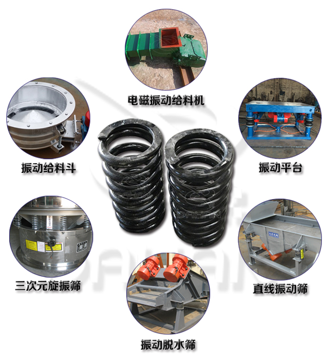旋振篩減震彈簧適用產(chǎn)品：振動(dòng)給料機(jī)，電磁振動(dòng)給料機(jī)，振動(dòng)平臺(tái)，直線振動(dòng)篩，振動(dòng)脫水篩，三次元旋振篩。