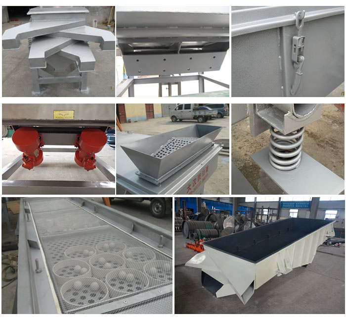 多層直線振動篩由進料口,底座,振動電機,篩網(wǎng),篩框,彈簧,出料口等組成。