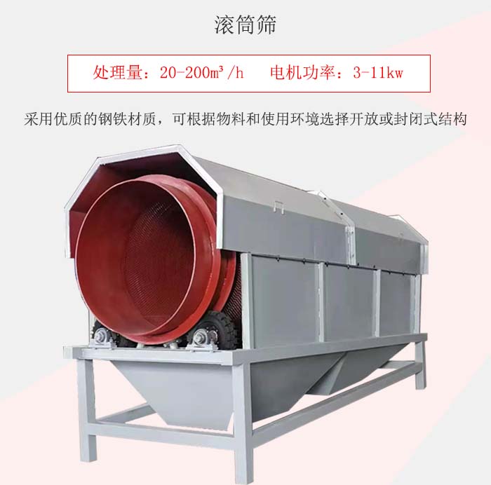 滾筒篩采用優(yōu)質的鋼鐵材質，可根據(jù)物料和使用環(huán)境選擇開放或封閉式結構
