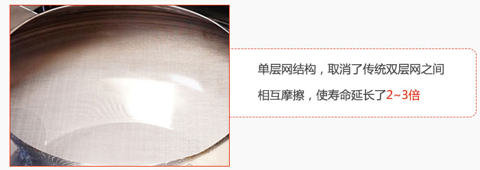 單層網(wǎng)結(jié)構(gòu)，取消了傳統(tǒng)雙層網(wǎng)之間相互摩擦，使壽命延長(zhǎng)了2~3倍