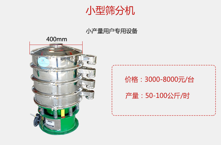 小型篩分機(jī)產(chǎn)量可達(dá)100公斤/時(shí)，價(jià)格3000元起。