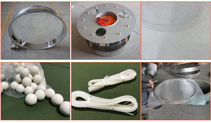 800型全不銹鋼振動(dòng)篩配件有：振動(dòng)篩篩框，電機(jī)，不銹鋼篩網(wǎng)等。