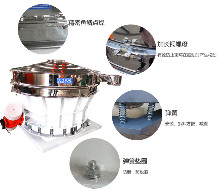 1500直排篩細(xì)節(jié)展示：彈簧，彈簧墊圈，加長銅螺母。