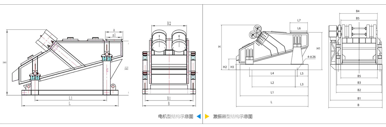 礦用振動篩電機振動式和激振器振動式的內(nèi)部結構尺寸圖。