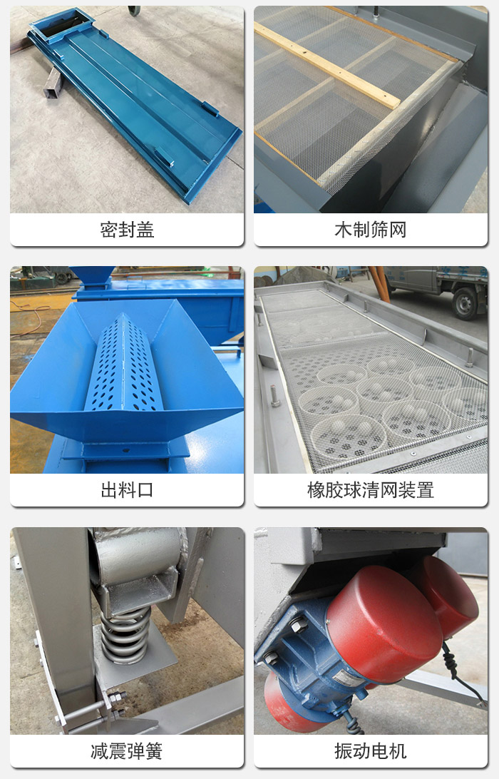 直線篩分機的結構展示圖：篩箱是物料主要篩分設備之一，篩網(wǎng)用于篩分物料，振動電機幫助篩網(wǎng)篩分。