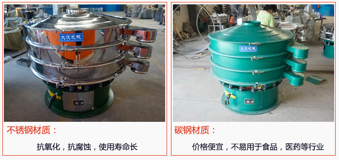 800型振動(dòng)篩有不銹鋼和碳鋼兩種材質(zhì)，不銹鋼材質(zhì)：抗氧化，抗腐蝕，使用壽命長(zhǎng) 碳鋼材質(zhì)：價(jià)格便宜，不易篩分食品，化工，醫(yī)藥等行業(yè)的物料。