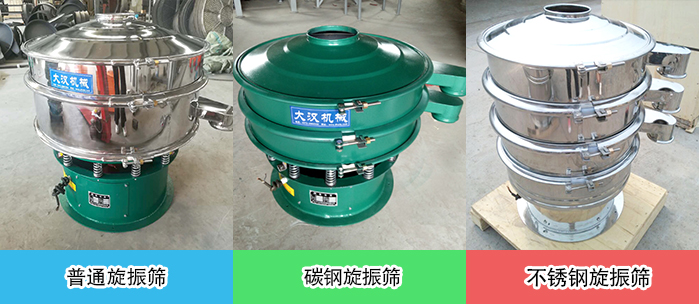 醫(yī)藥振動(dòng)篩常見材質(zhì)展示：碳鋼＋不銹鋼，不銹鋼，碳鋼等材質(zhì)展示