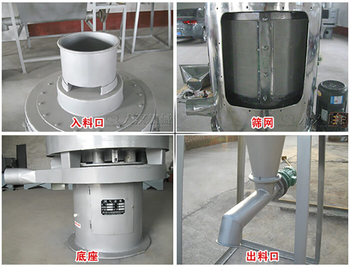氣流篩部件展示：入料口，篩網(wǎng)，底座，出料口等。