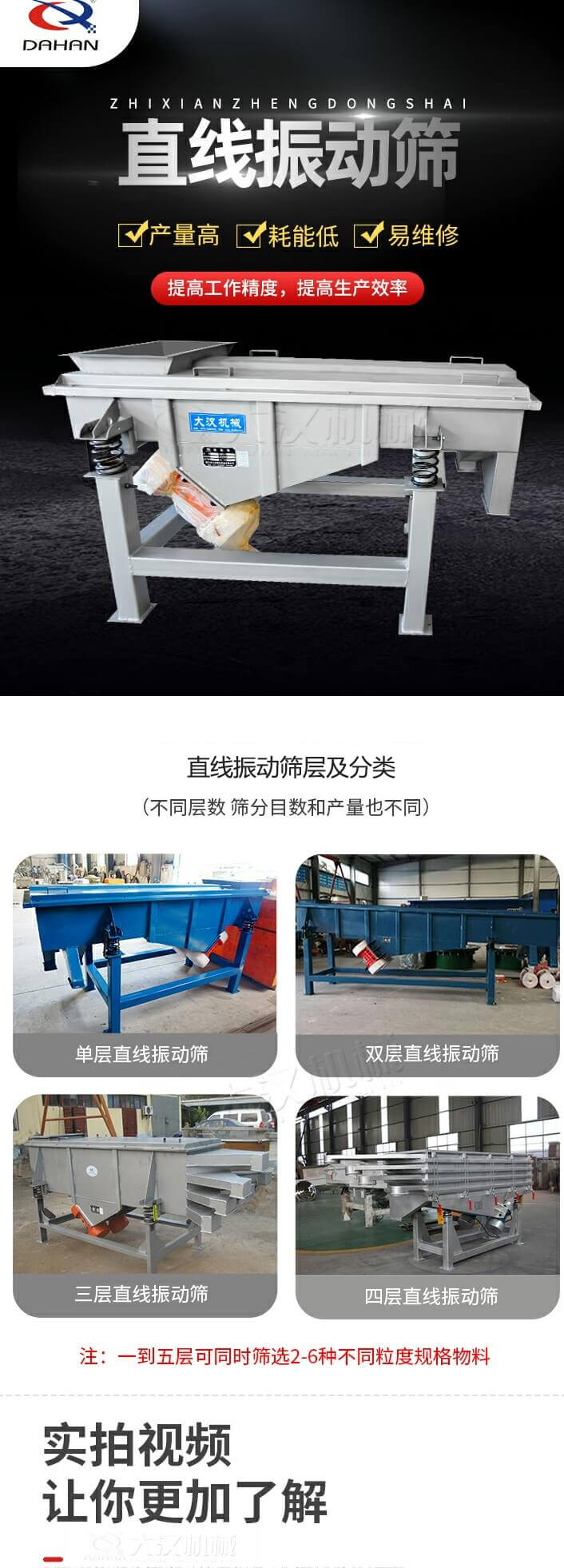 直線振動篩概述，產(chǎn)量高，耗能低，易維修，提高工作精度，提高生產(chǎn)效率，直線振動篩層級分類：不同層數(shù)，篩分目數(shù)和產(chǎn)量也不同：單層，雙層，三層，四層等。