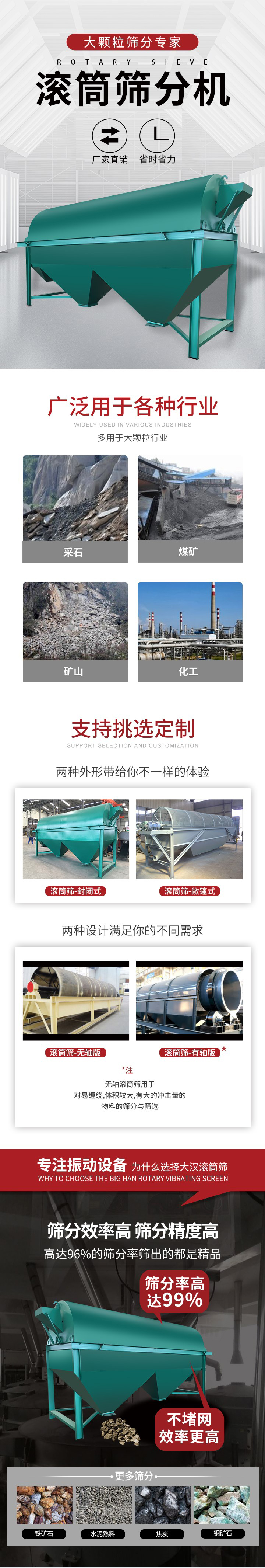 滾筒篩分機(jī)大顆粒篩分專家：廠家直銷，省時(shí)省力。滾筒篩被廣泛應(yīng)用各種行業(yè)：多用于大顆粒行業(yè)例如：采石，煤礦，礦山，化工等。滾筒篩定制類型有哪些：封閉式與敞篷式產(chǎn)品結(jié)構(gòu)分為：無軸式，有軸式兩種，無軸滾筒篩用于對纏繞，體積較大，有大的沖擊量的物料的篩分與篩選。滾筒篩篩分效率高篩分精度能夠達(dá)到：96%也比較適用于鐵礦石，水泥熟料，焦炭，銅礦石。滾筒篩特點(diǎn)：不飛粉末：密封隔離罩，密封性好，工作過程不會(huì)出現(xiàn)飛粉現(xiàn)象。外型尺寸是按筒體長計(jì)