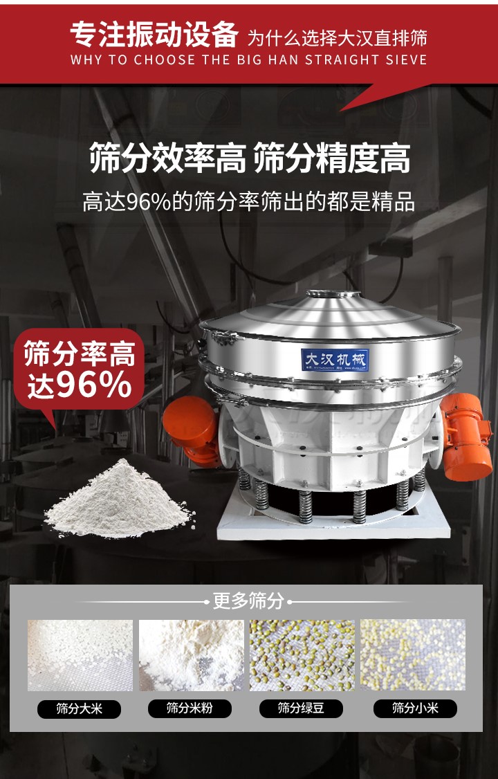 直排篩適用物料有面粉，淀粉，洗衣粉，金屬粉，添加劑，化工，非礦等行業(yè)。