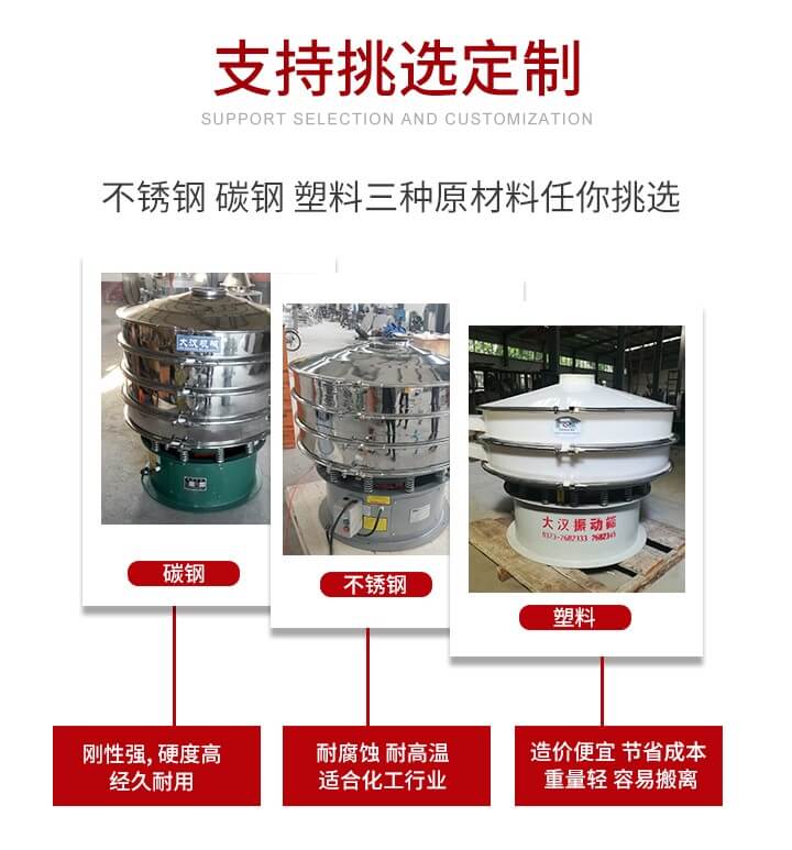 旋振篩可配置一到四層的篩網(wǎng)。旋振篩的篩分效率高，篩分精度高，篩分率高達(dá)96%。