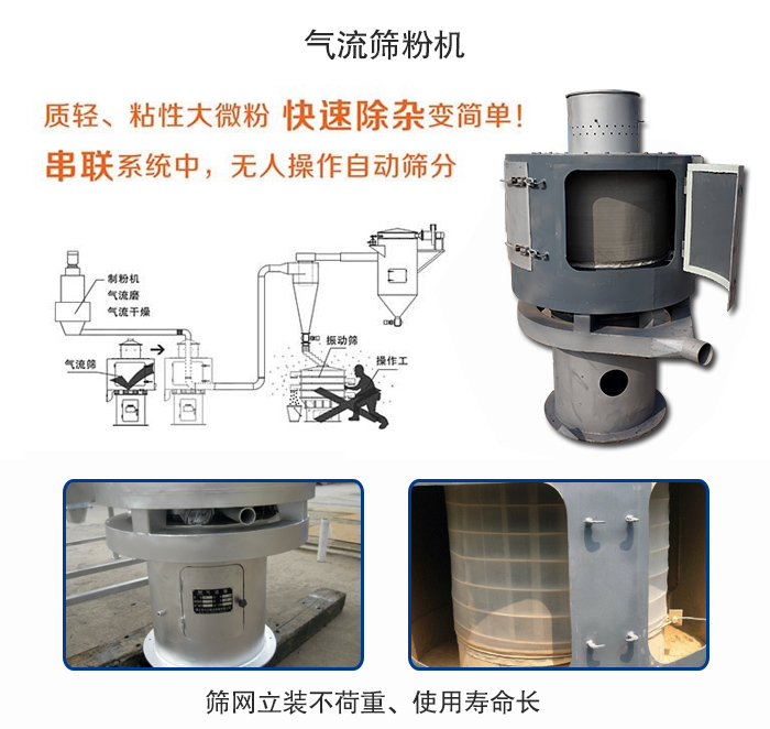 氣流篩粉機(jī)適用：質(zhì)輕，粘性大微粉采用串聯(lián)系統(tǒng)重，無(wú)人操作自動(dòng)篩分 特點(diǎn)：篩網(wǎng)立裝不負(fù)重，使用壽命長(zhǎng)。