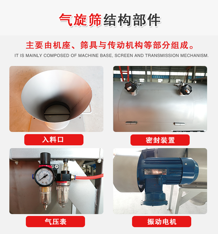 氣旋篩結構：入料口，密封裝置，電機，氣壓表等