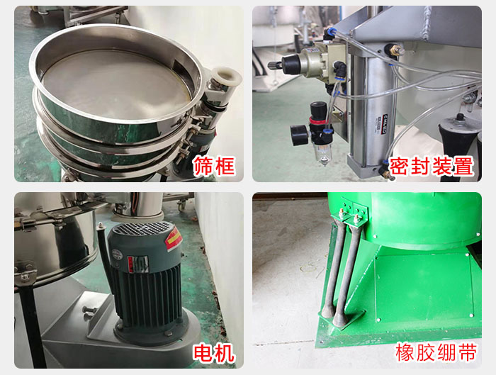 搖擺篩結(jié)構(gòu)：電機(jī)，橡膠繃帶，篩框，密封裝置等。
