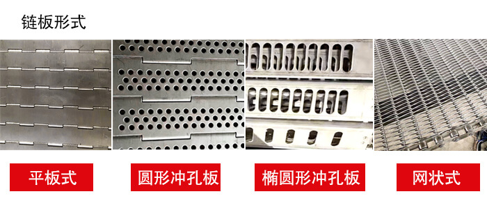 鏈板輸送機鏈板的不同形式：平板式，圓形沖孔板，網(wǎng)狀式等